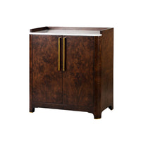 Closed burl wood bar cabinet with brass handles.