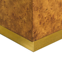 Gold base detail on burl wood cube table.
