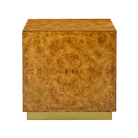 Front view of burl wood cube accent table.