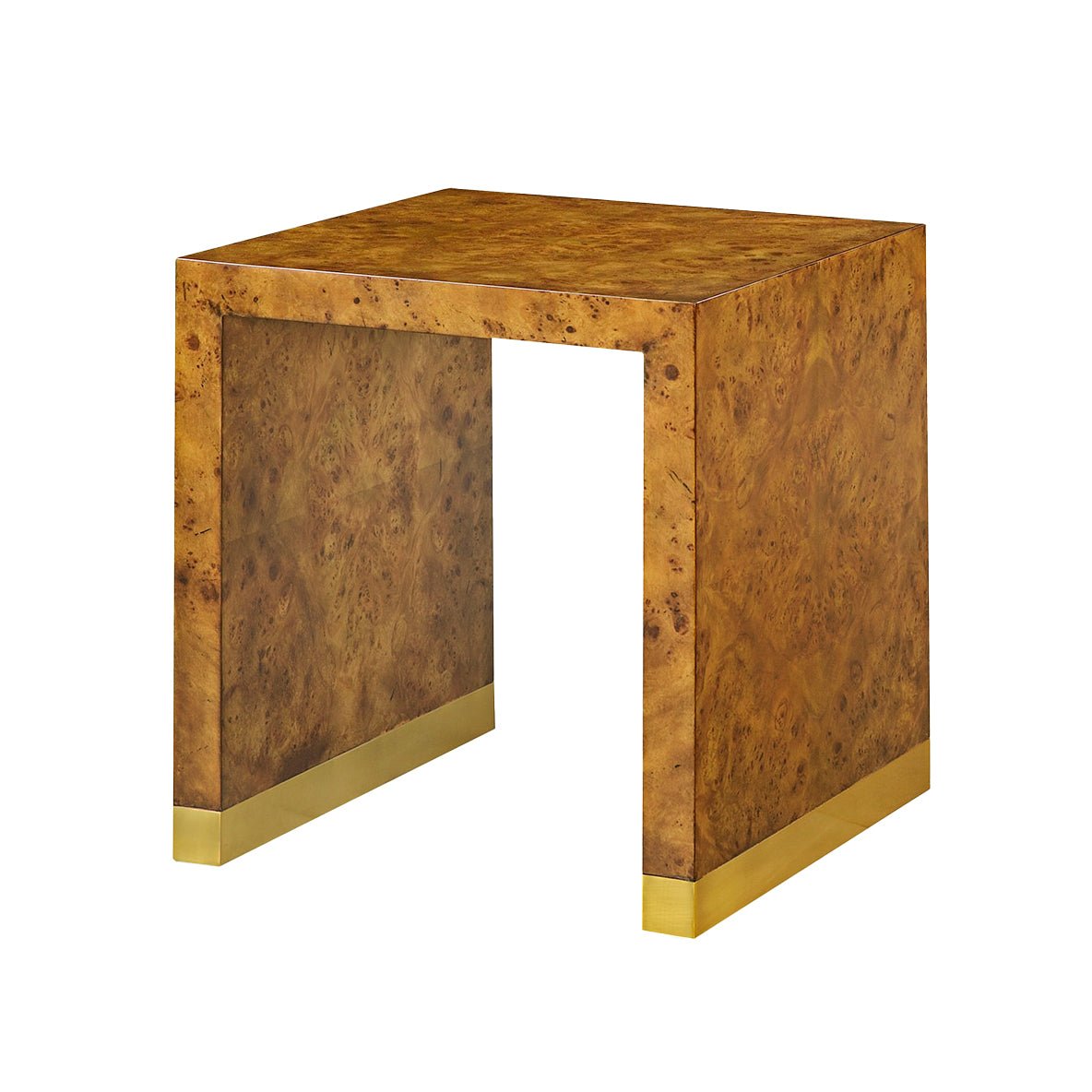 Burl wood end table, angled front view.
