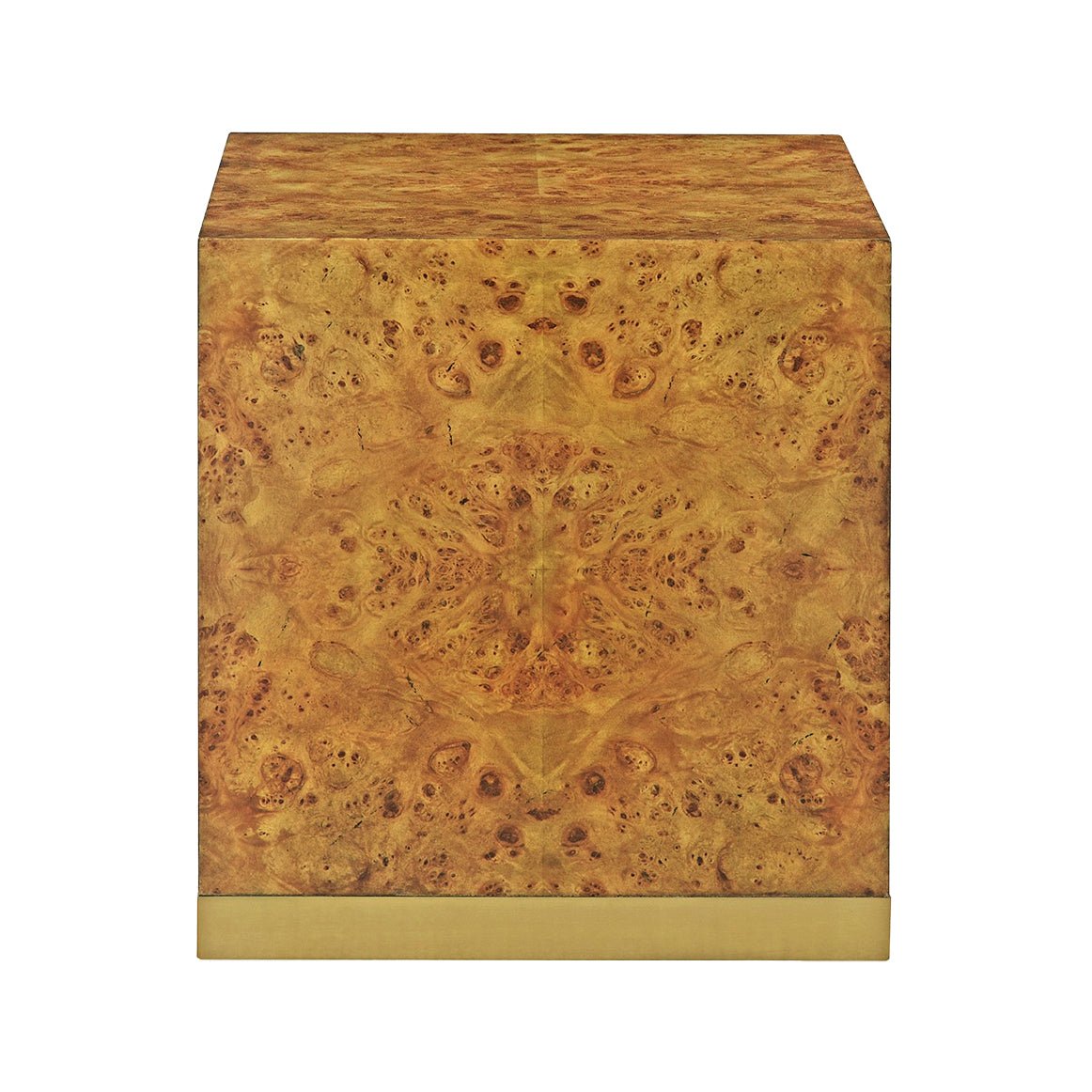 Burl wood end table, side view with detail.