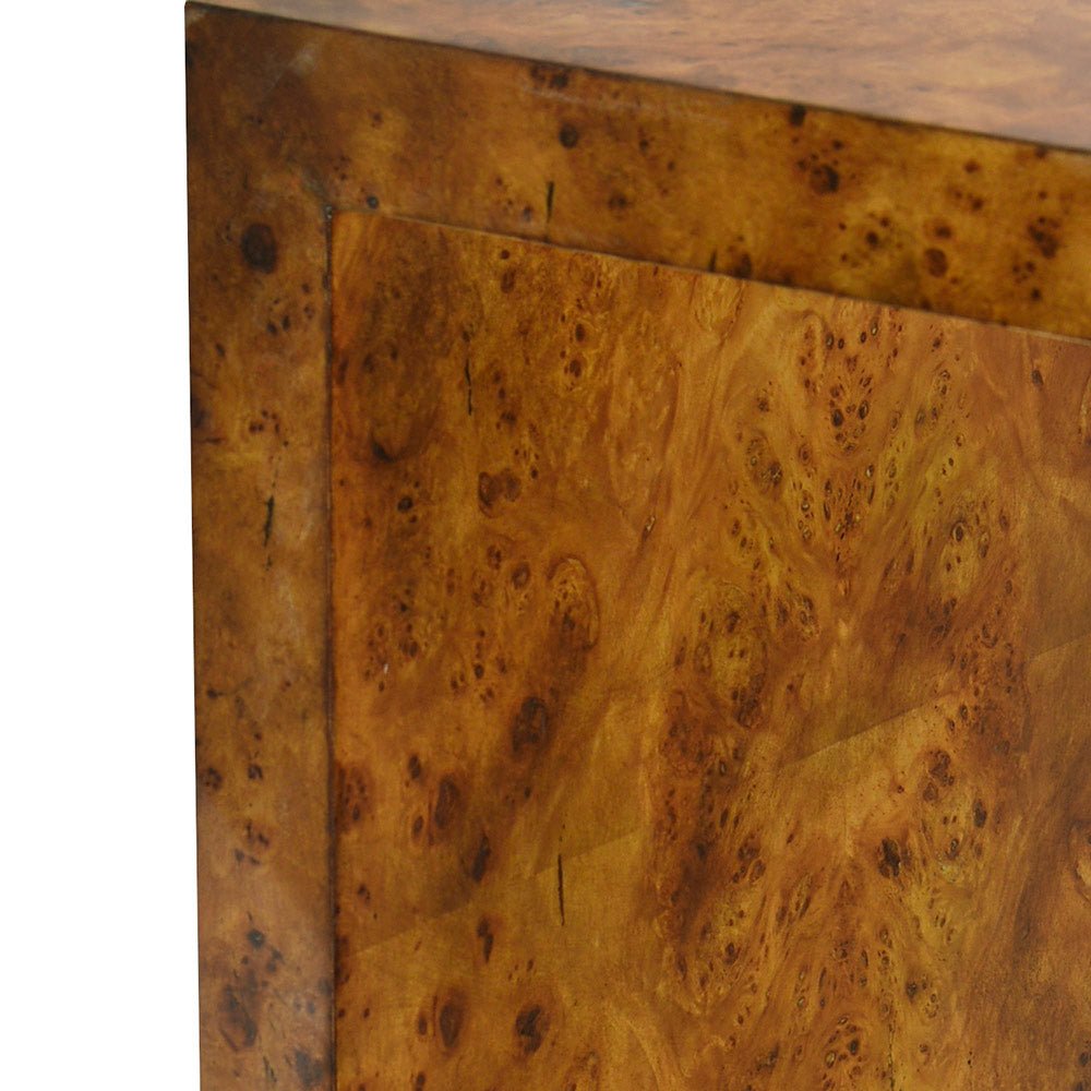 Burl wood end table, textured surface close-up.