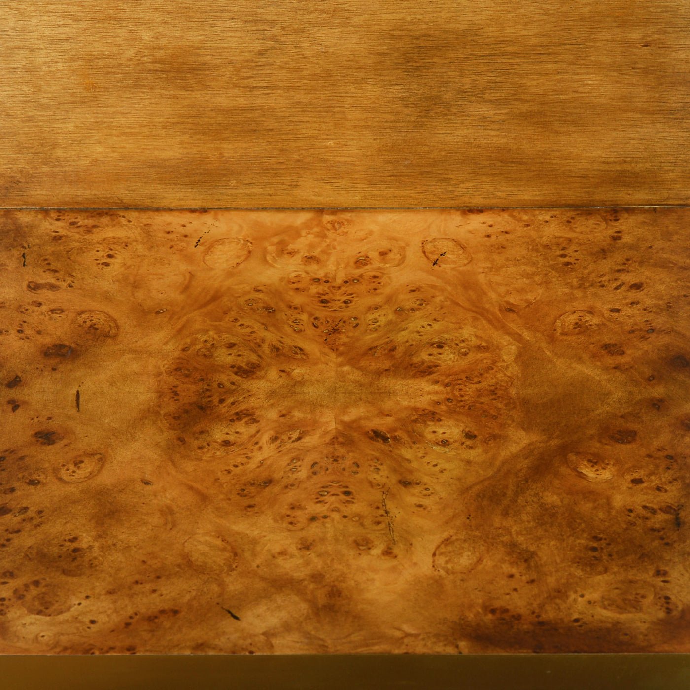 Burl wood end table, underside pattern detail.