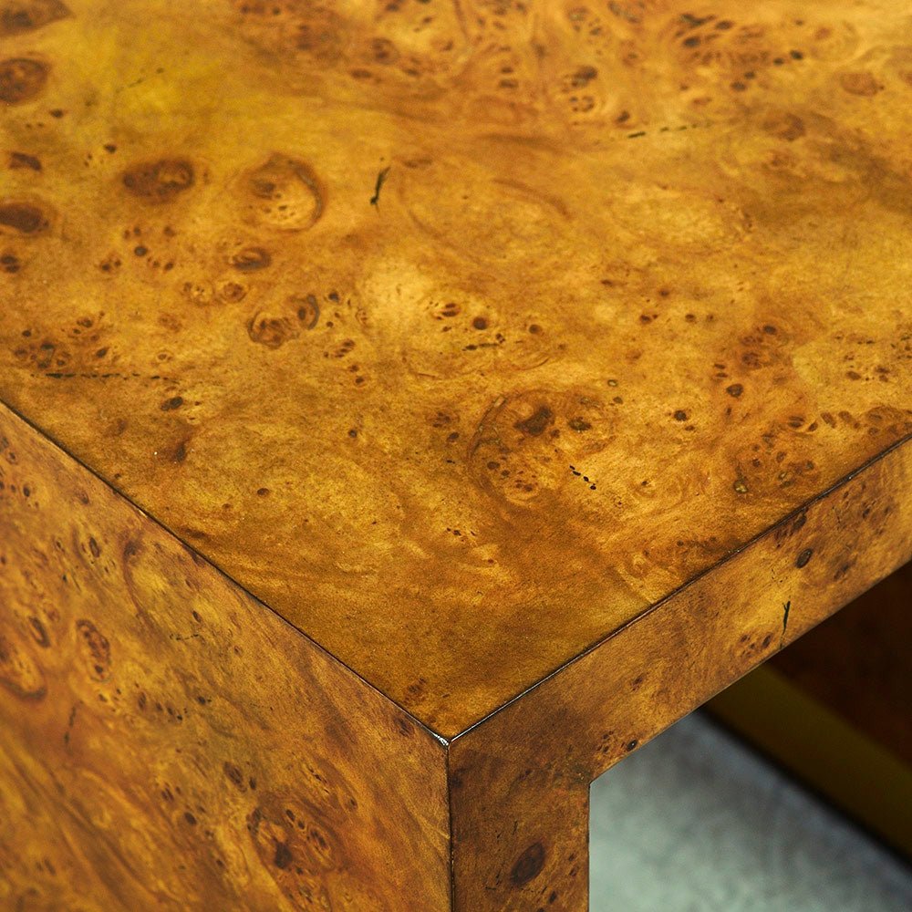 Burl wood end table, corner detail close-up.
