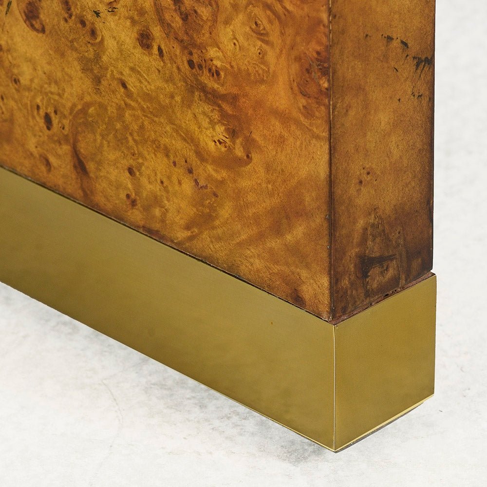 Burl wood end table, base with brass trim.