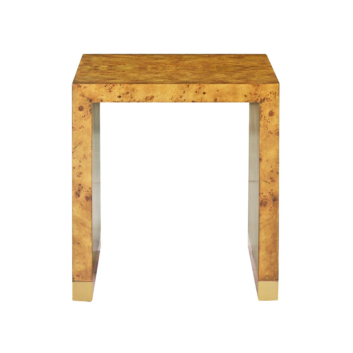 Burl wood end table, straight front view.
