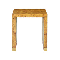 Burl wood end table, straight front view.