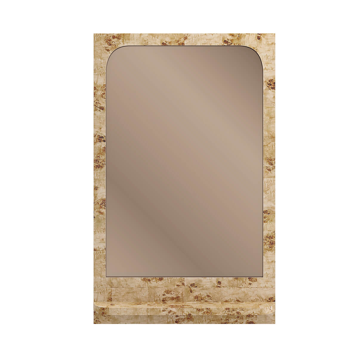 Rectangular burl wood mirror, front view, elegant design.