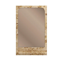 Rectangular burl wood mirror, front view, elegant design.