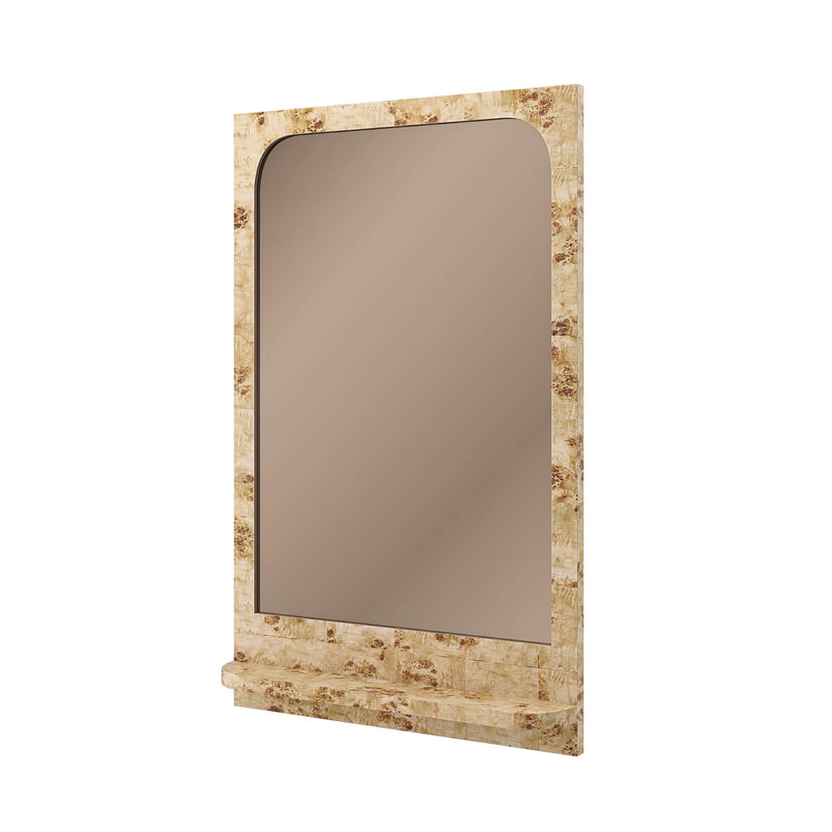Side angle view of burl wood mirror, stylish frame.