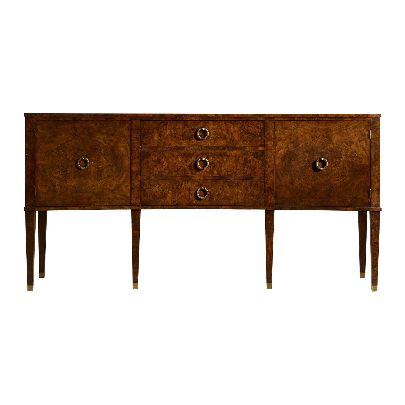 Burl wood sideboard front view with ring pulls.