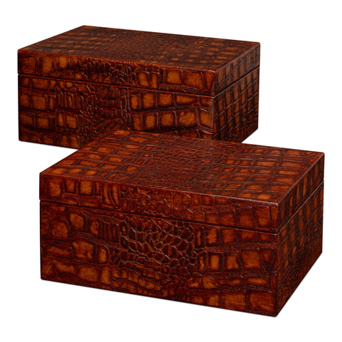 Croc Leather Box in Cognac, Set of 2