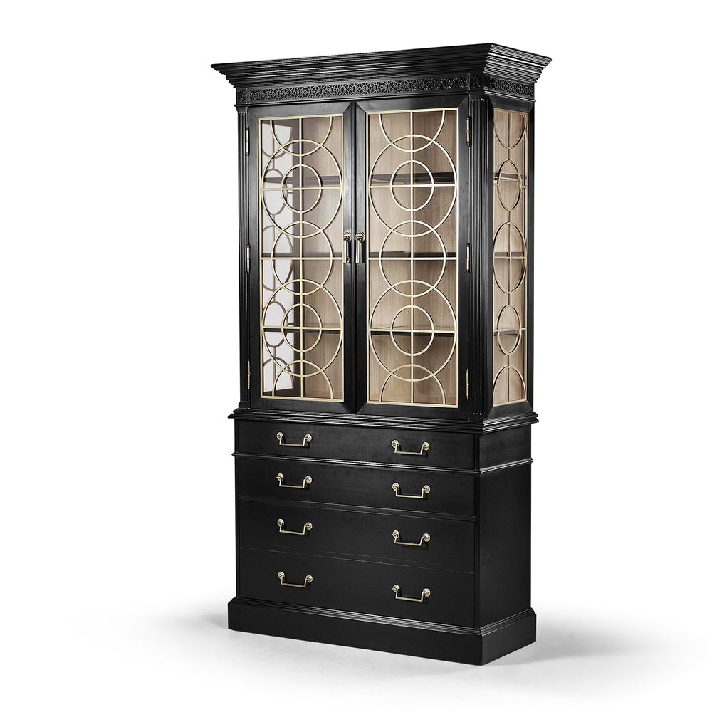 Black display cabinet, side view with glass doors.