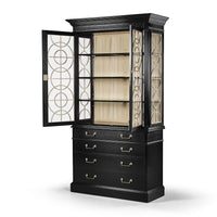 Display cabinet, doors open, showing three shelves.