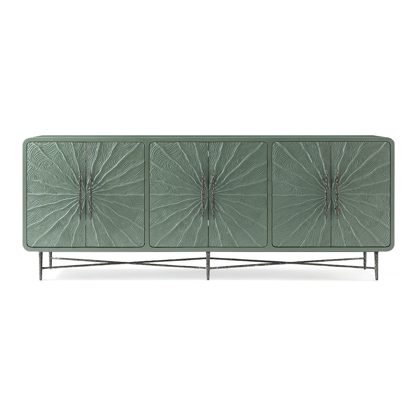 Front view of green textured media cabinet.