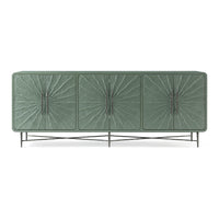 Front view of green textured media cabinet.