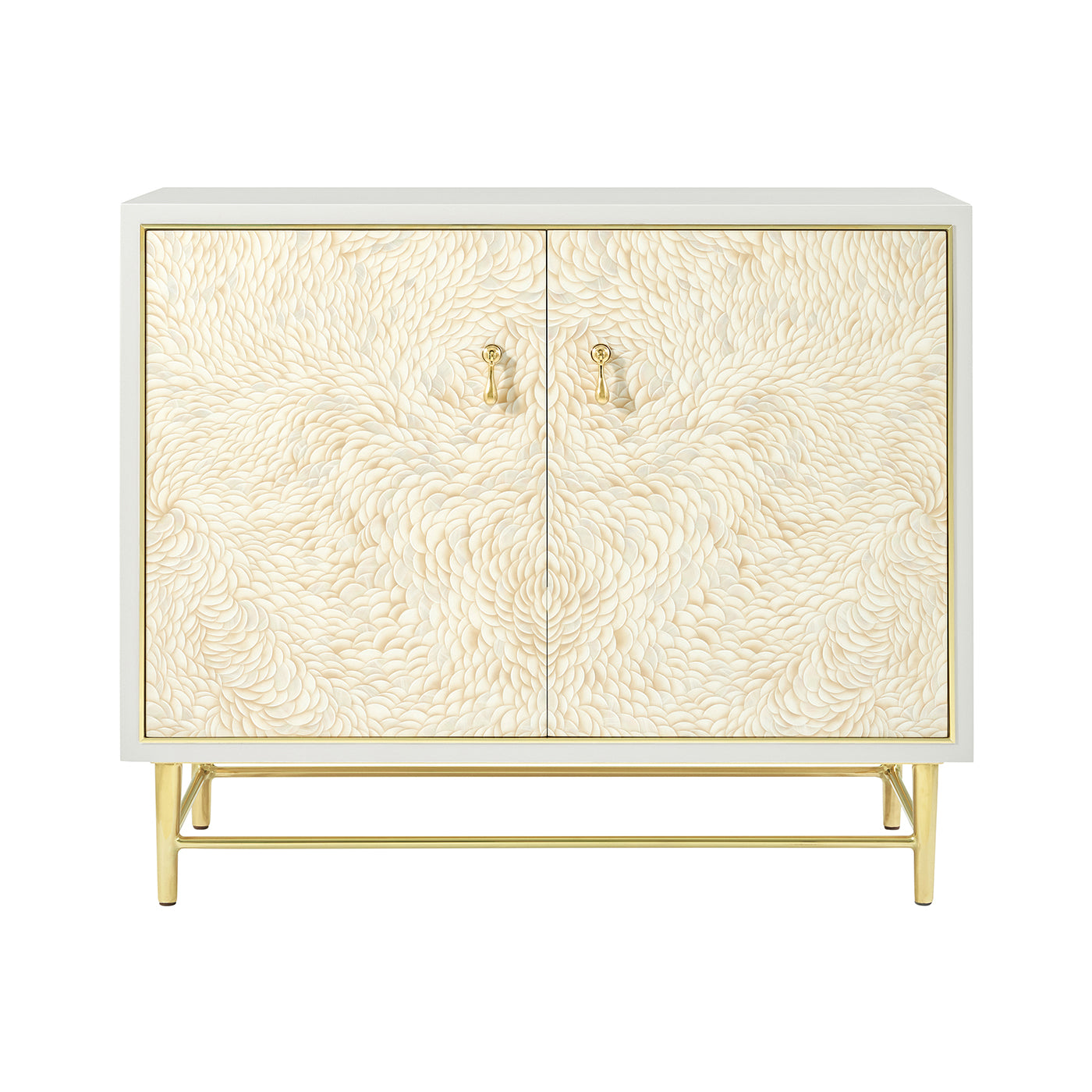 Front view of two-door cabinet with gold accents.