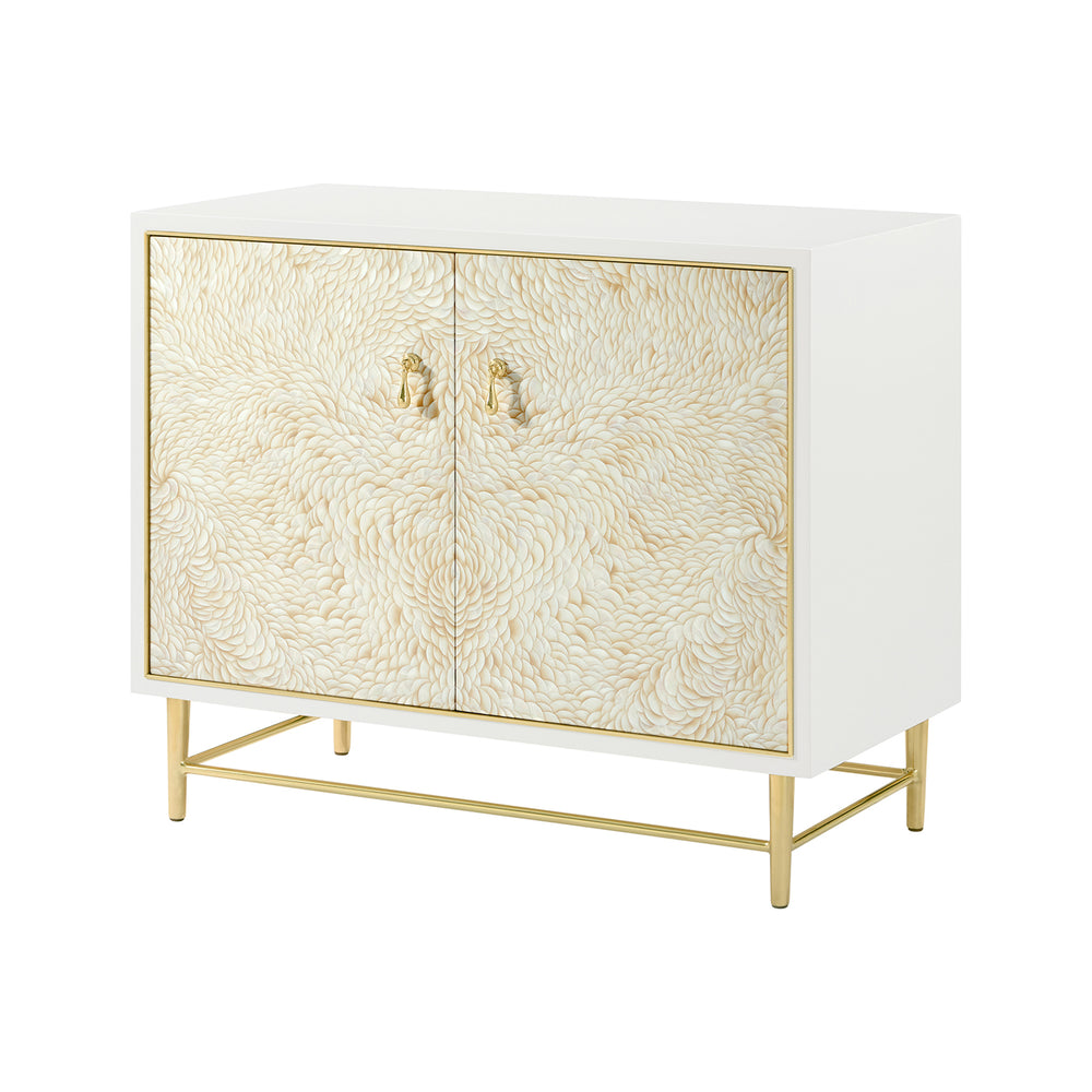White and gold cabinet on gold legs, front view.