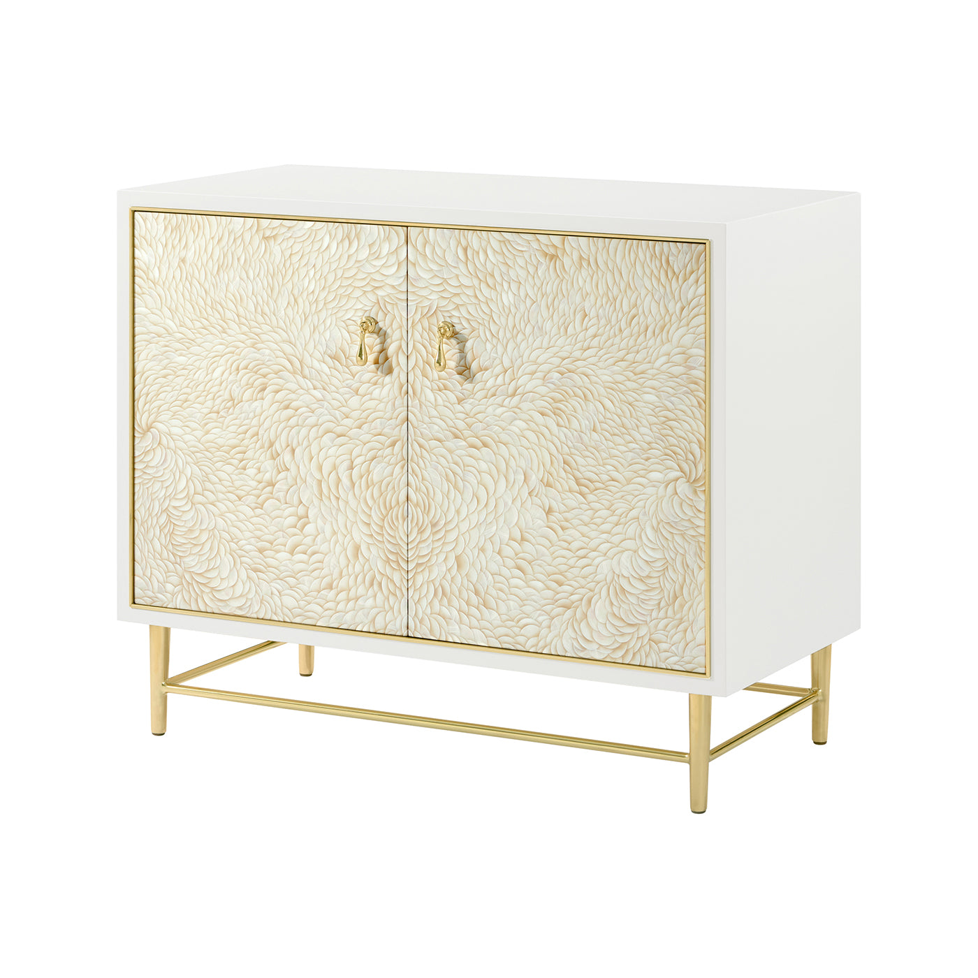 White and gold cabinet on gold legs, front view.