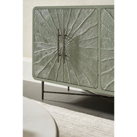 Close-up of cabinet corner with unique texture design.