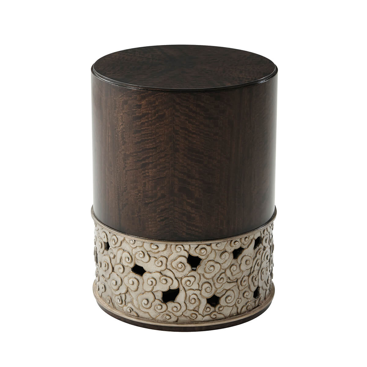 Dark wood cylindrical accent table, bottom detail.
