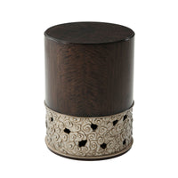 Dark wood cylindrical accent table, bottom detail.