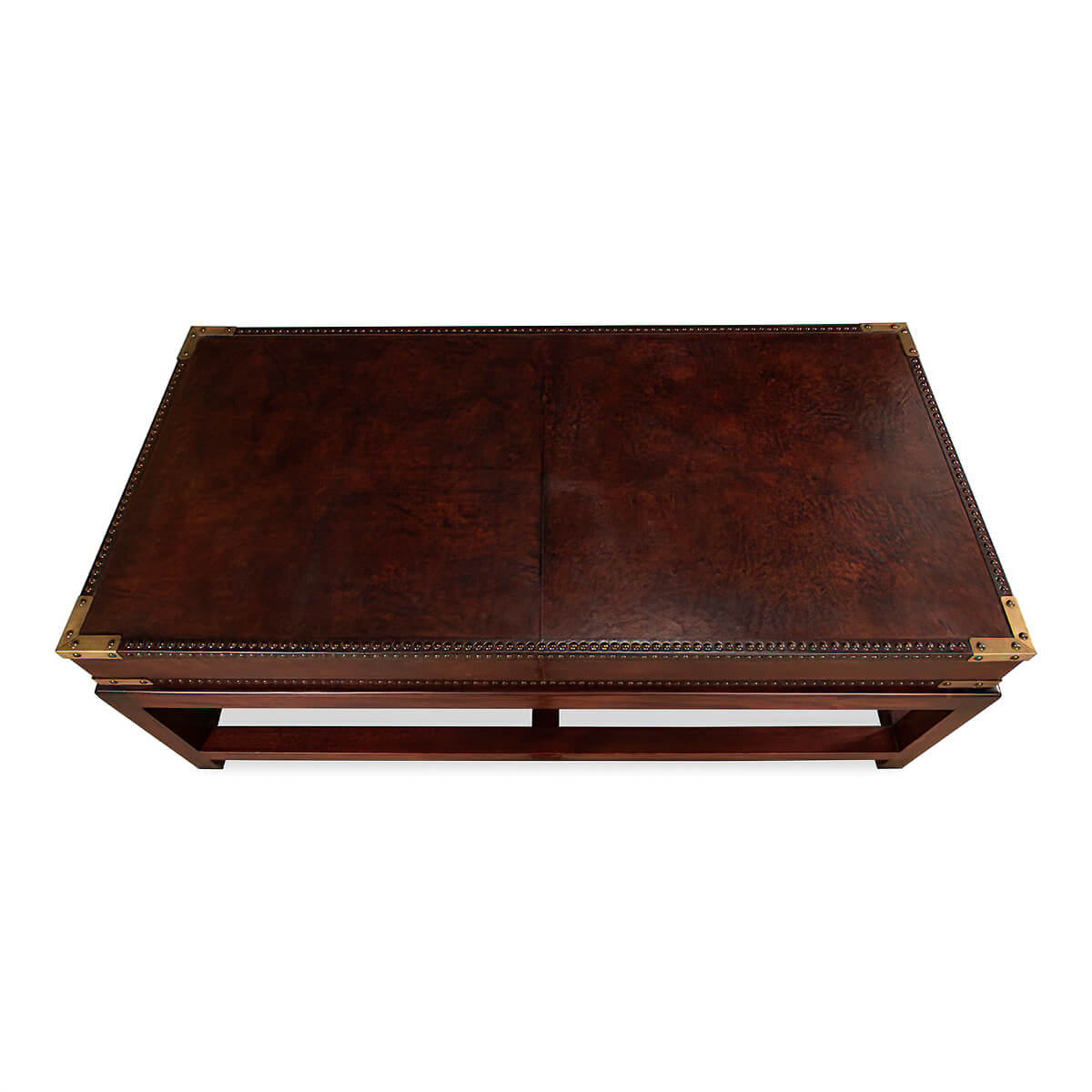 Top view, leather coffee table with brass corners.