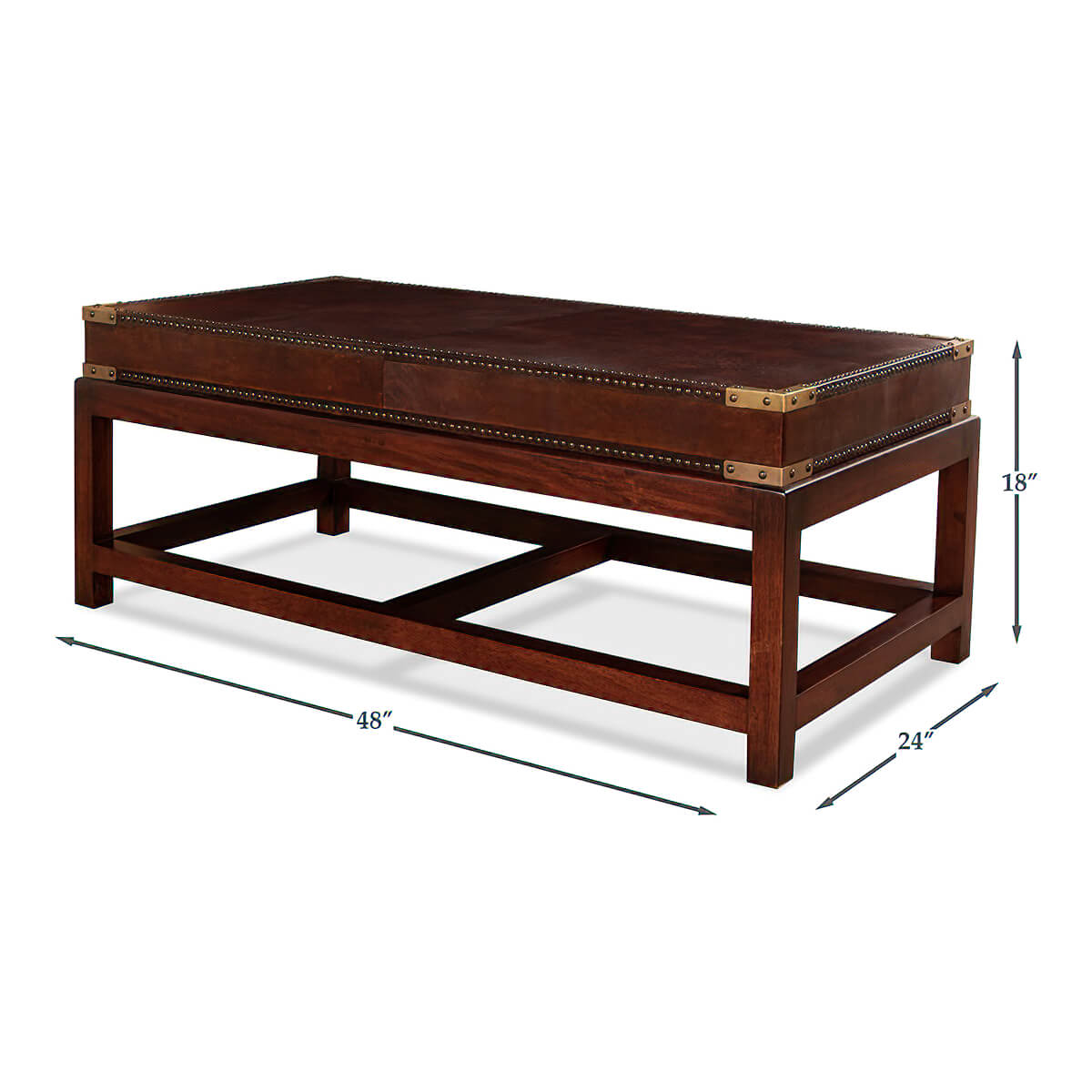 Coffee table with dimensions, wooden frame, leather top.