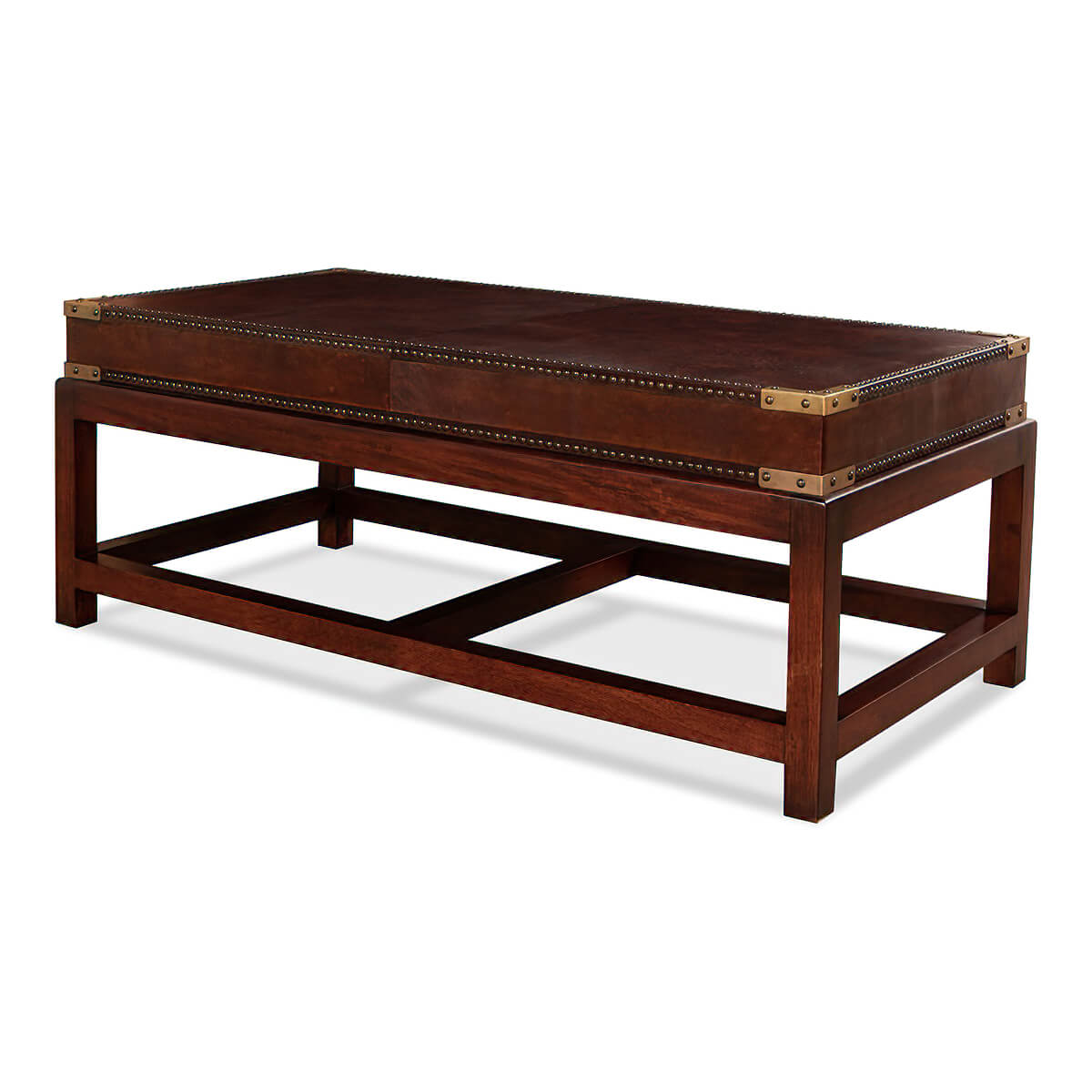 Leather coffee table, side angle view, wooden base.