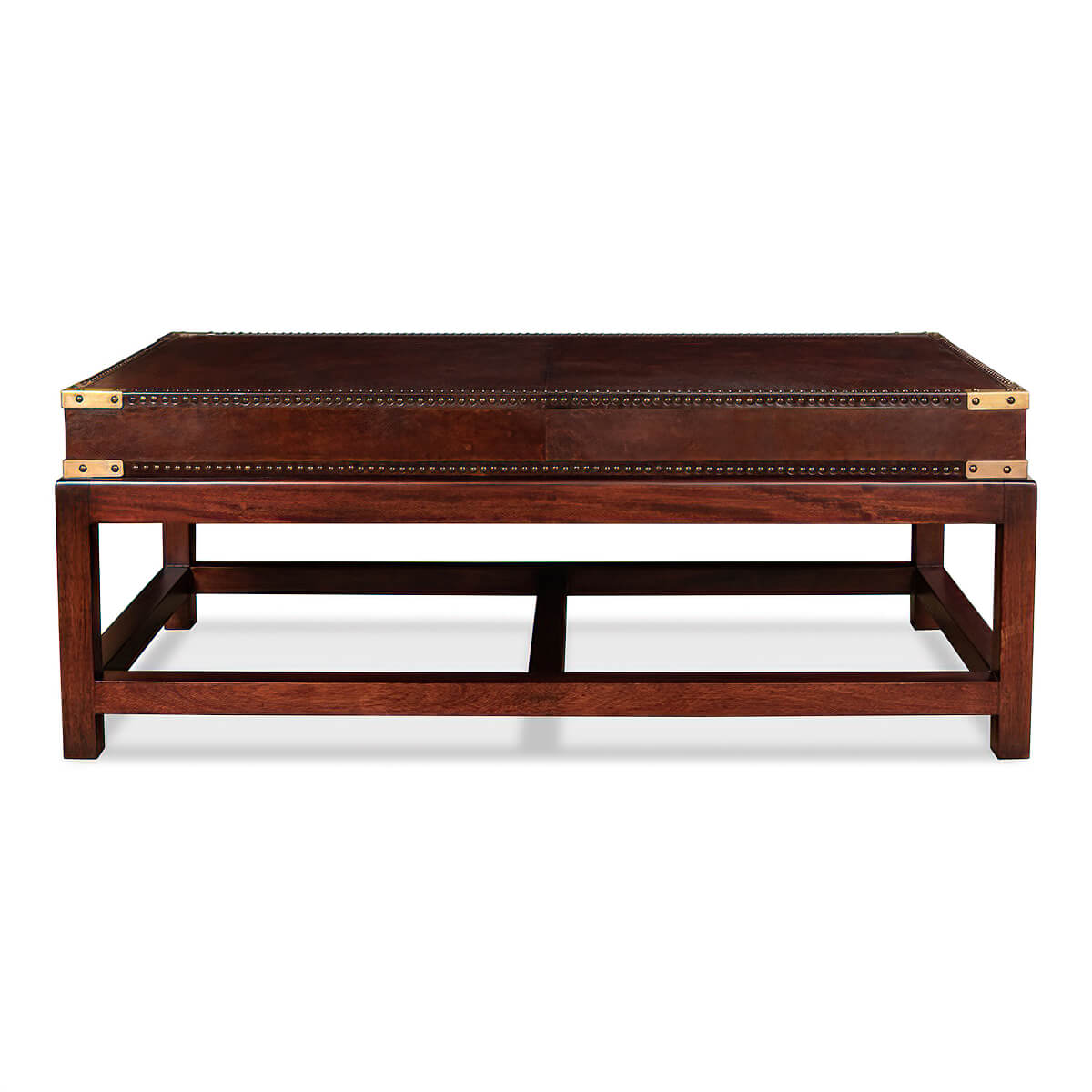 Leather coffee table, front view with brass accents.