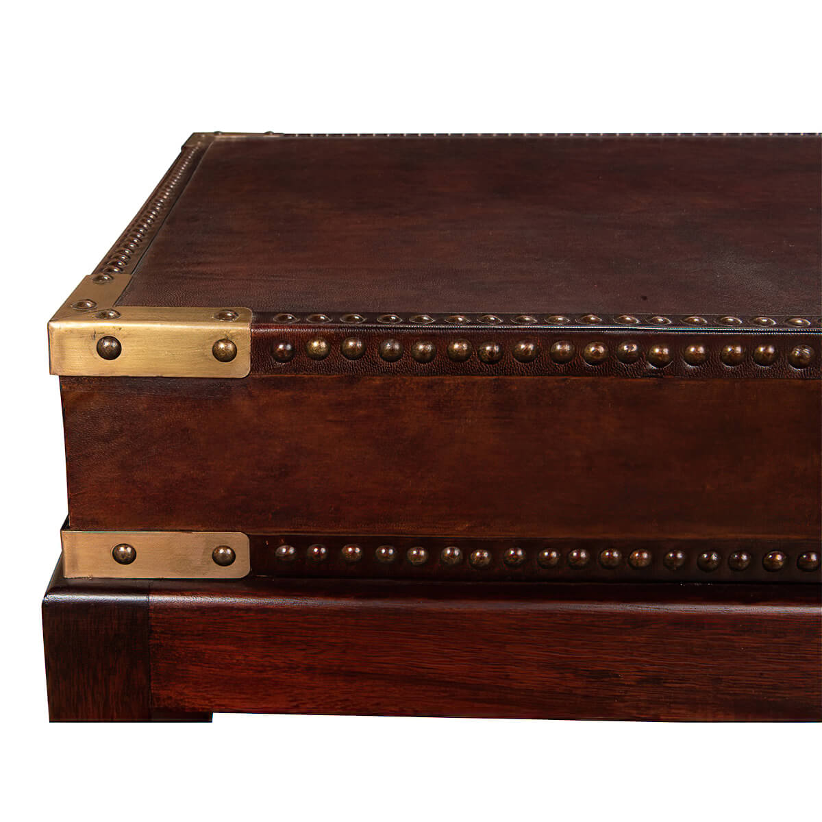Brass corner and nailhead detail, leather coffee table.