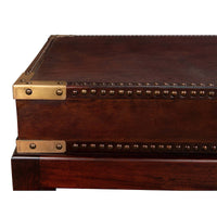 Brass corner and nailhead detail, leather coffee table.