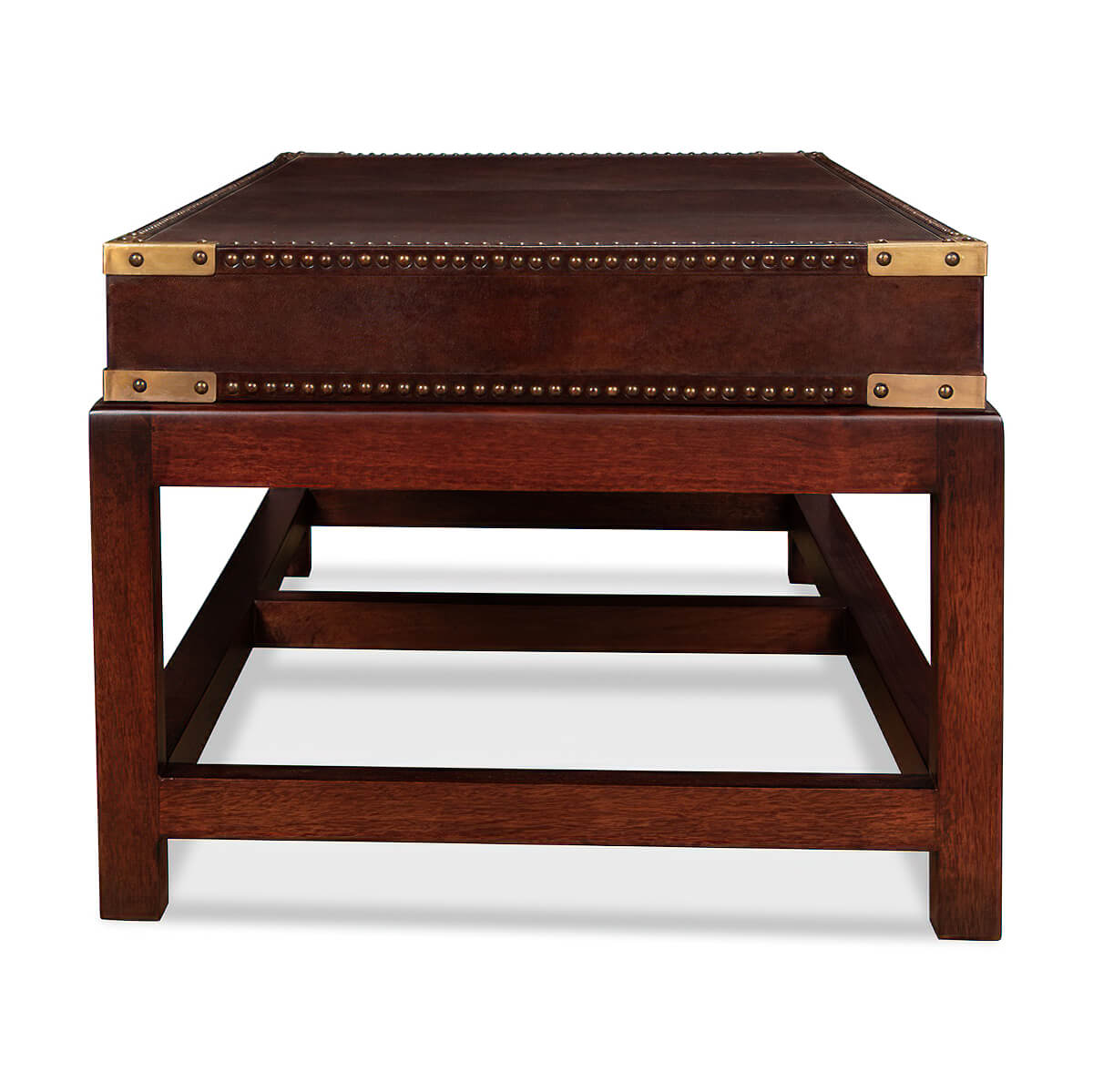 Side perspective, leather coffee table, sturdy wooden frame.