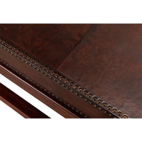 Close-up edge detail, leather coffee table, nailhead design.