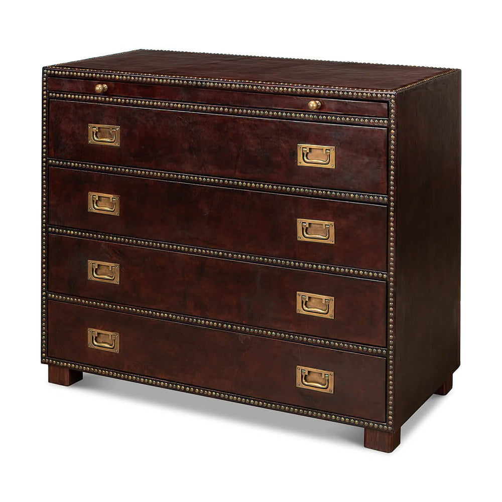 Brown campaign dresser, front angled view, four drawers closed.