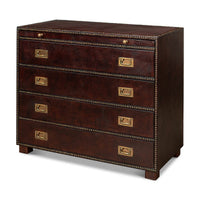 Brown campaign dresser, front angled view, four drawers closed.