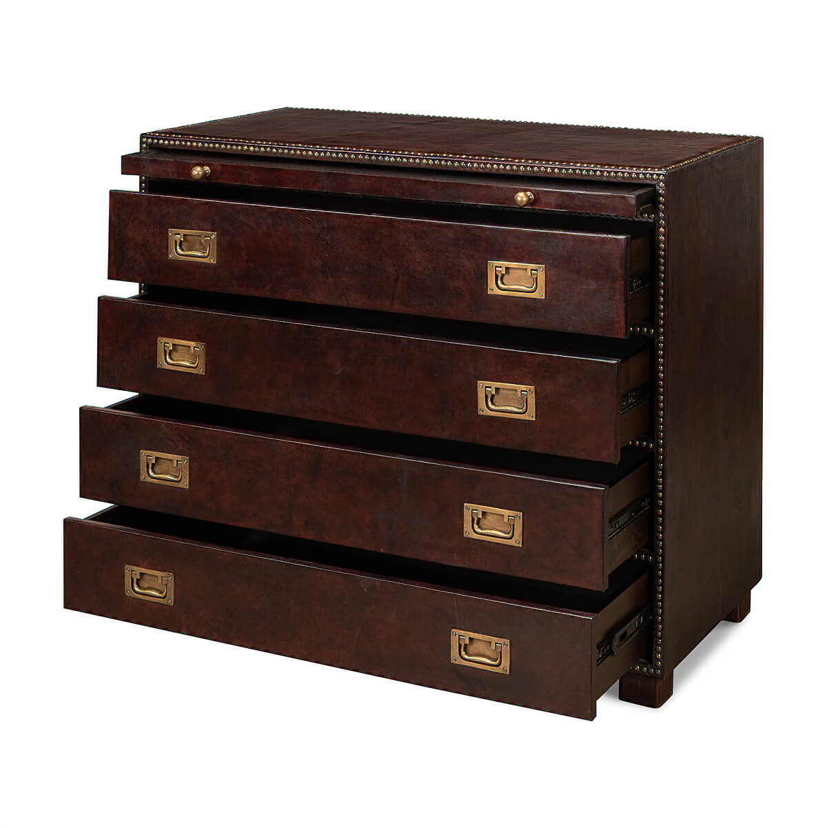 Brown campaign dresser, front view, four drawers open.