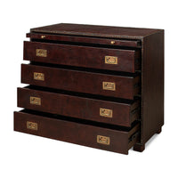 Brown campaign dresser, front view, four drawers open.