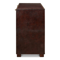 Side view of brown campaign dresser, vertical orientation.
