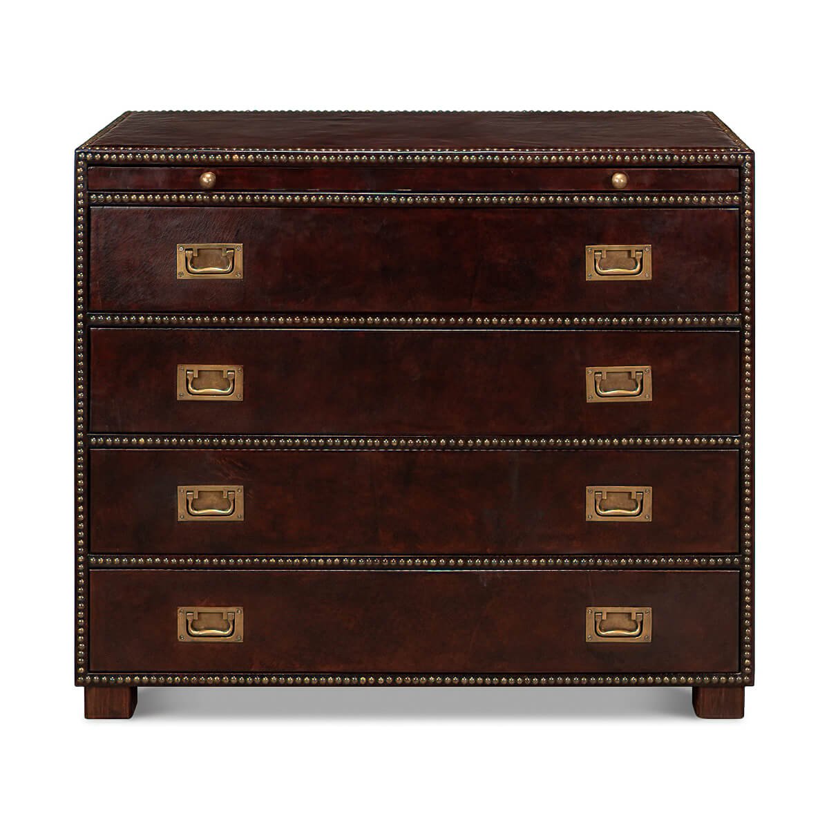 Brown campaign dresser, front view, all drawers closed.