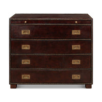 Brown campaign dresser, front view, all drawers closed.
