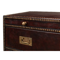 Detail of corner and handle on campaign dresser.