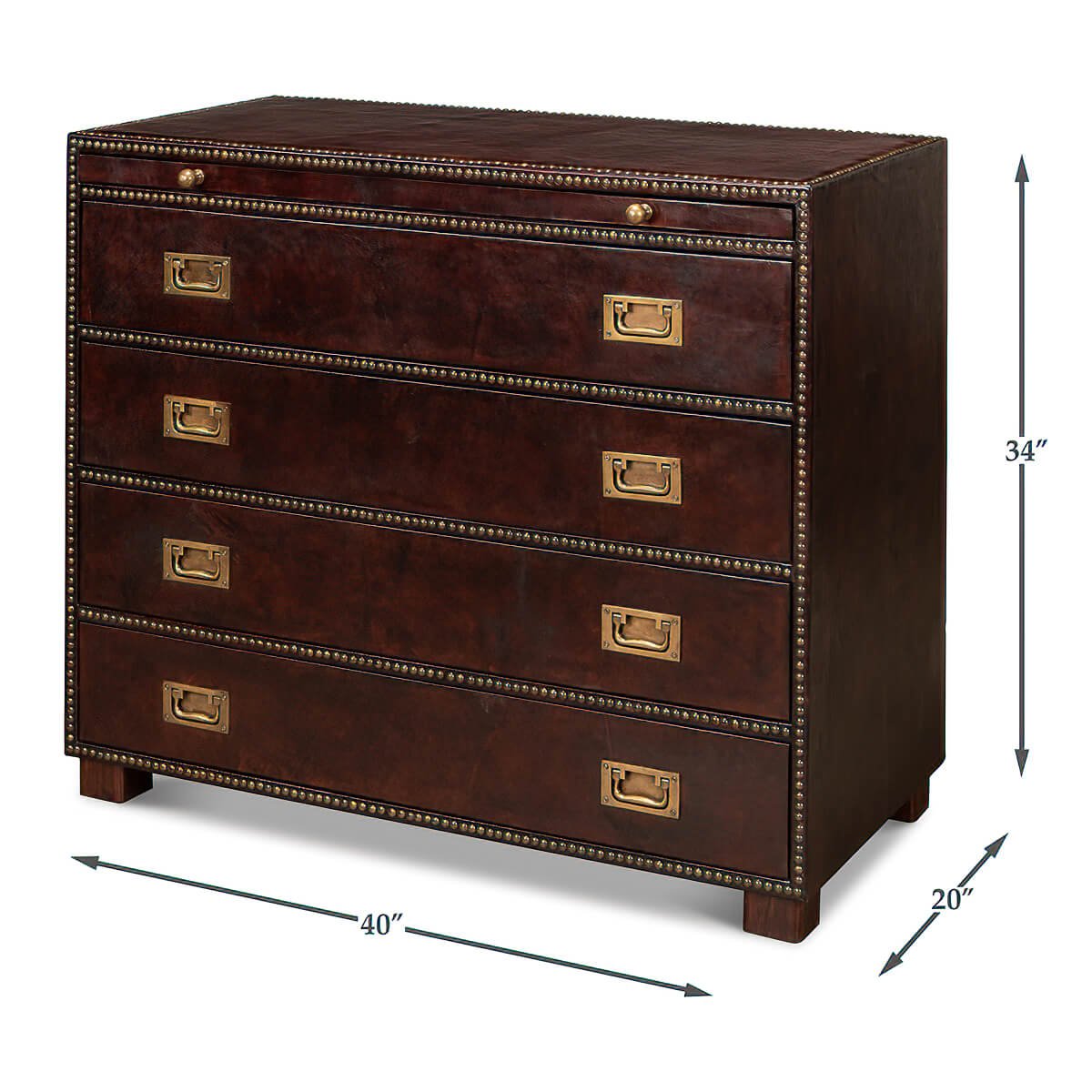 Brown campaign dresser dimensions, front view, four drawers.