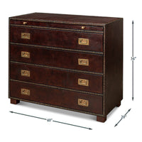 Brown campaign dresser dimensions, front view, four drawers.