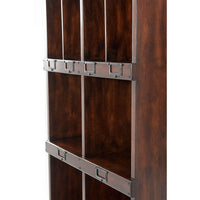 Detailed view of campaign bookcase shelving and metal accents.