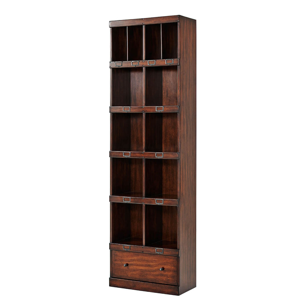 Campaign style bookcase front angled view with cubbyholes.
