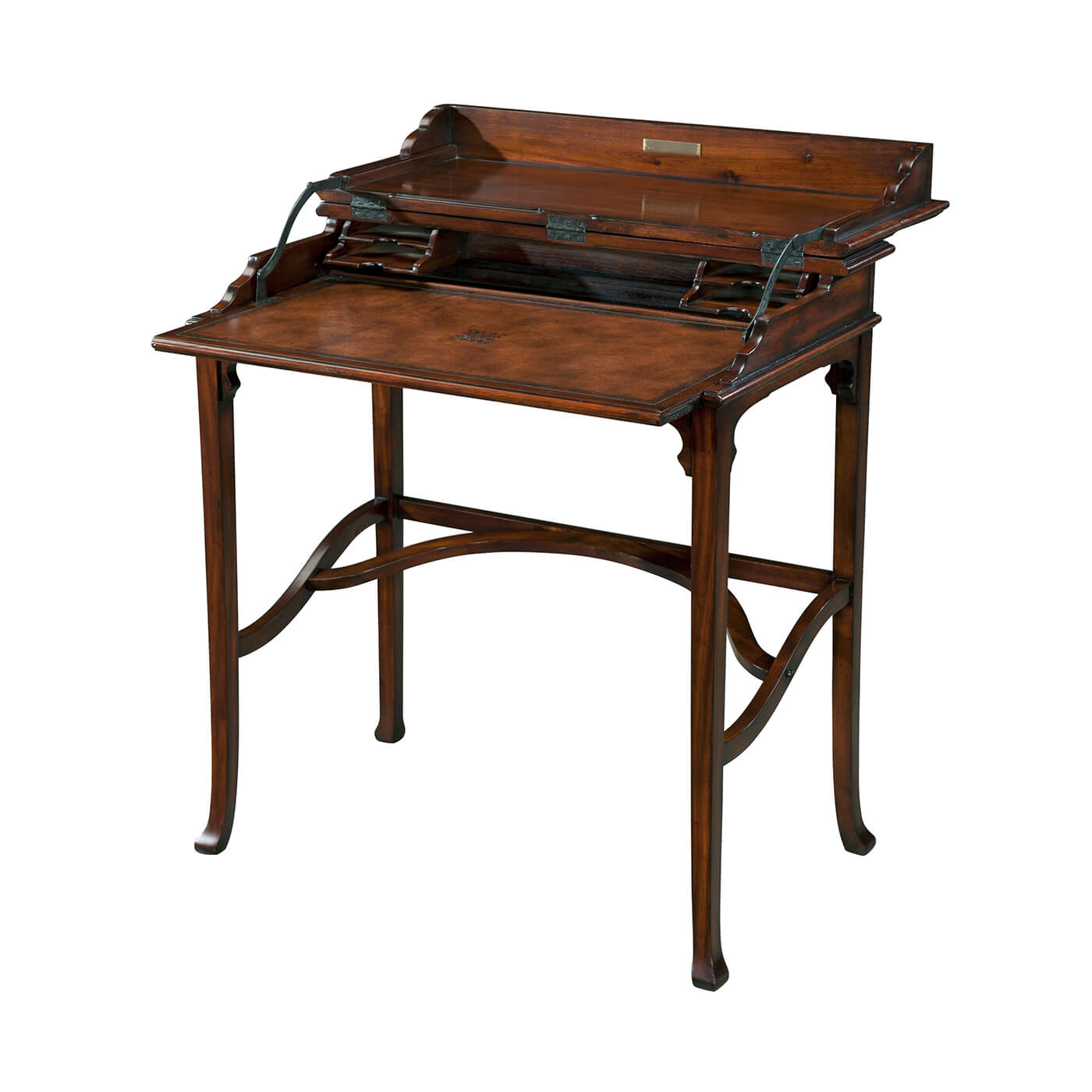 Antique campaign style desk open with writing surface.