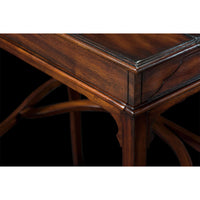 Close-up of campaign desk corner and wood grain.