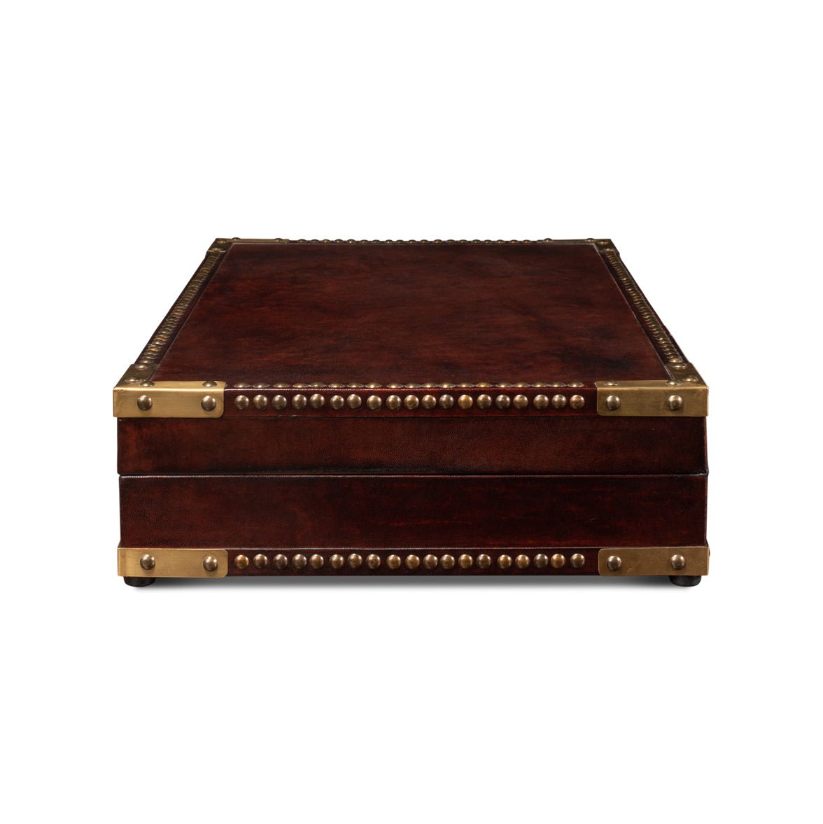 Closed campaign style leather box, end view.