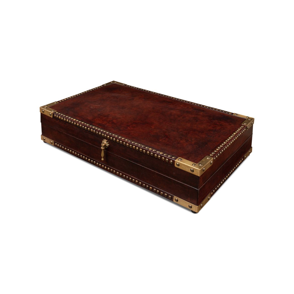 Campaign style leather box, angled top view.